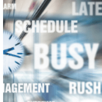 graphic that says "late schedule busy management, rush"