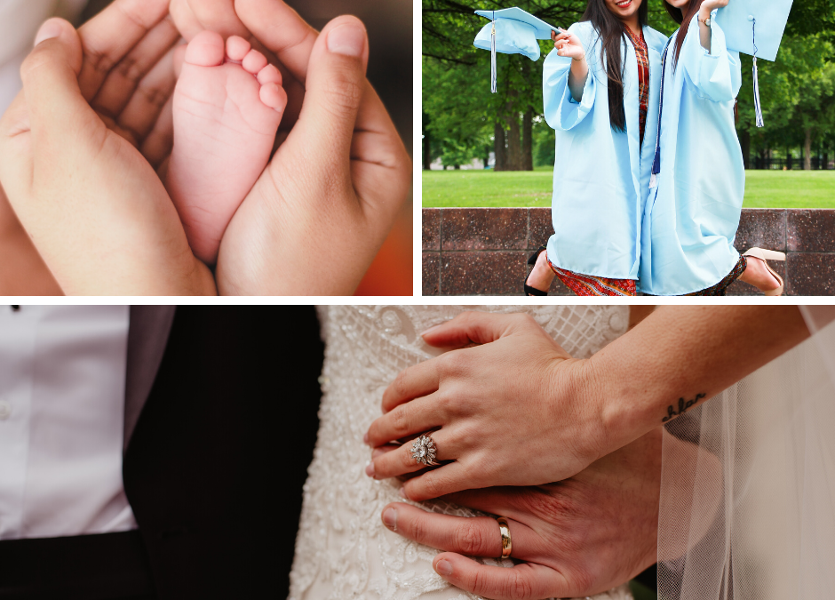 photo collage of graduation, wedding, baby