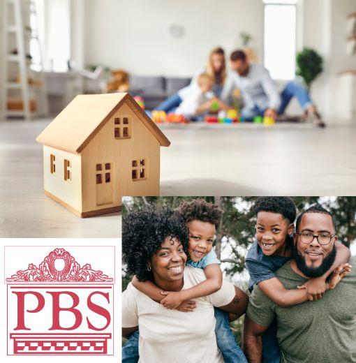 Photo collage of family playing with child on the floor with a wooden toy house in the foreground and a photo of a family with two children piggyback riding and the PBS logo
